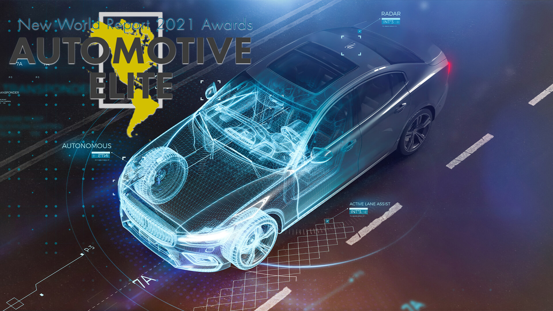 New World Report Automotive Awards 2021 logo with car blueprints in the background