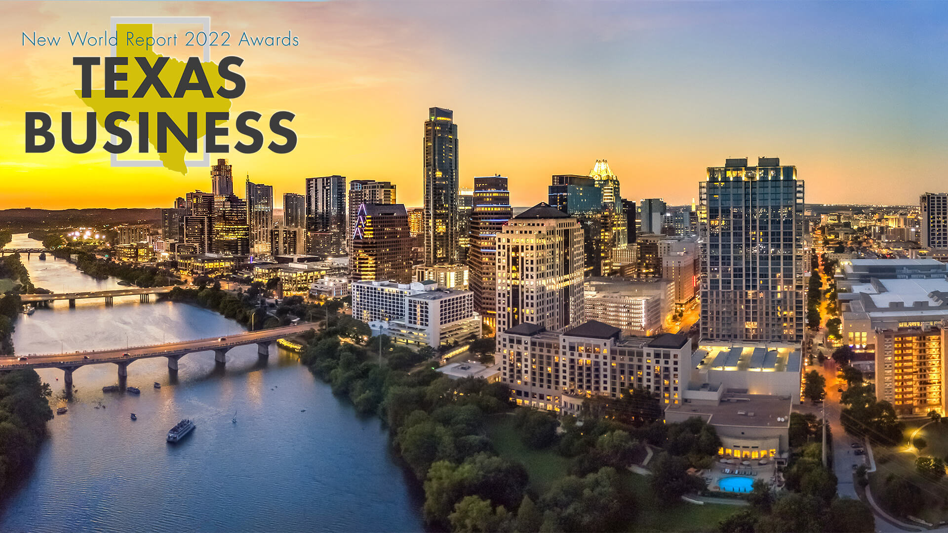 Austin city skyline at sunset. The New World Report Texas Business Awards 2022 logo is in the top left corner
