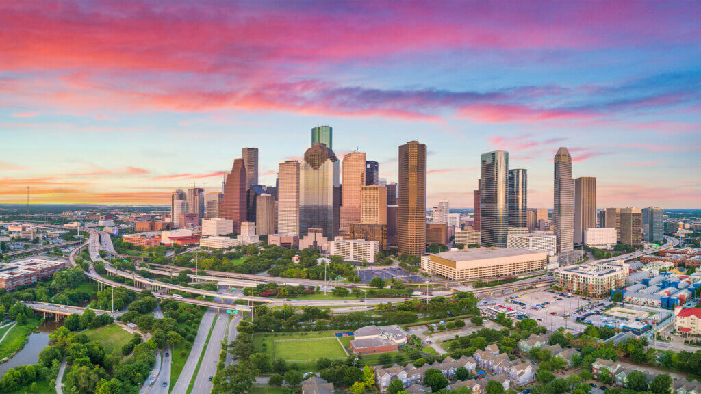 Downtown Houston, Texas, USA Drone Skyline Aerial Panorama