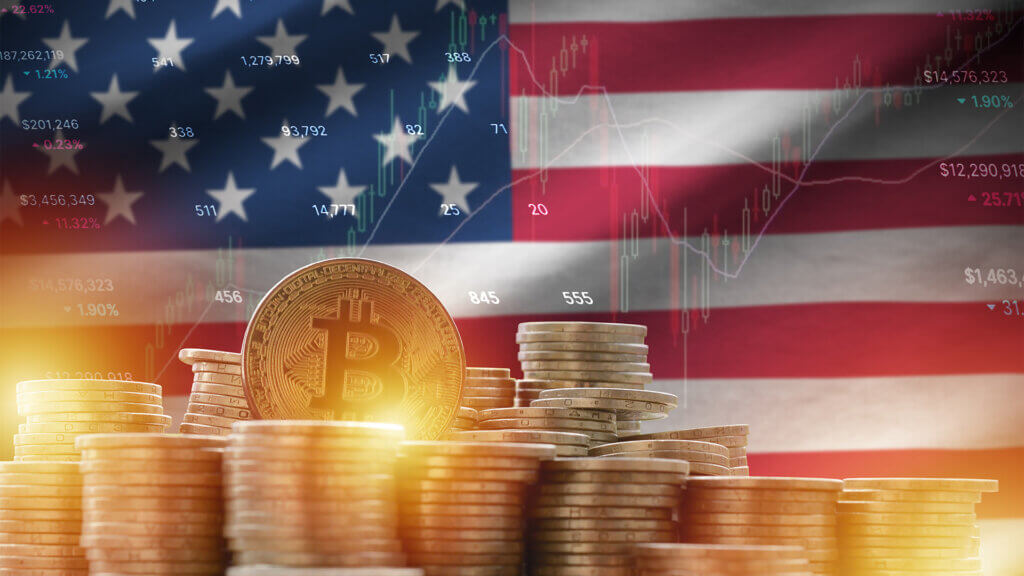 United States of America flag and big amount of golden bitcoin coins and trading platform chart.